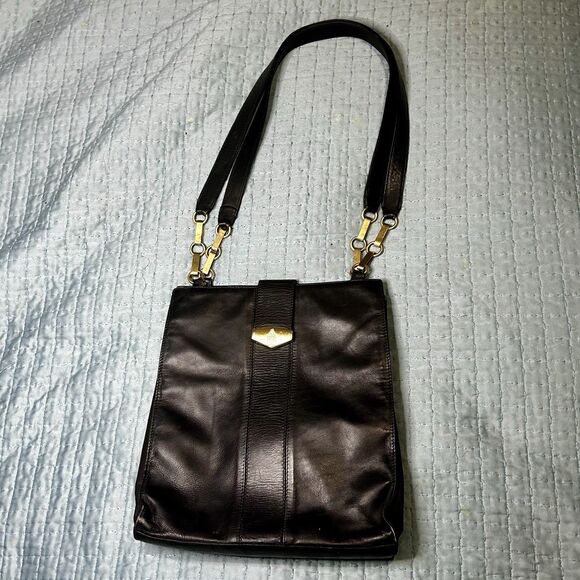 Mark Cross Black Leather Messenger Bag, Gold Tone Hardware, Classic, Preppy - Picture 1 of 7